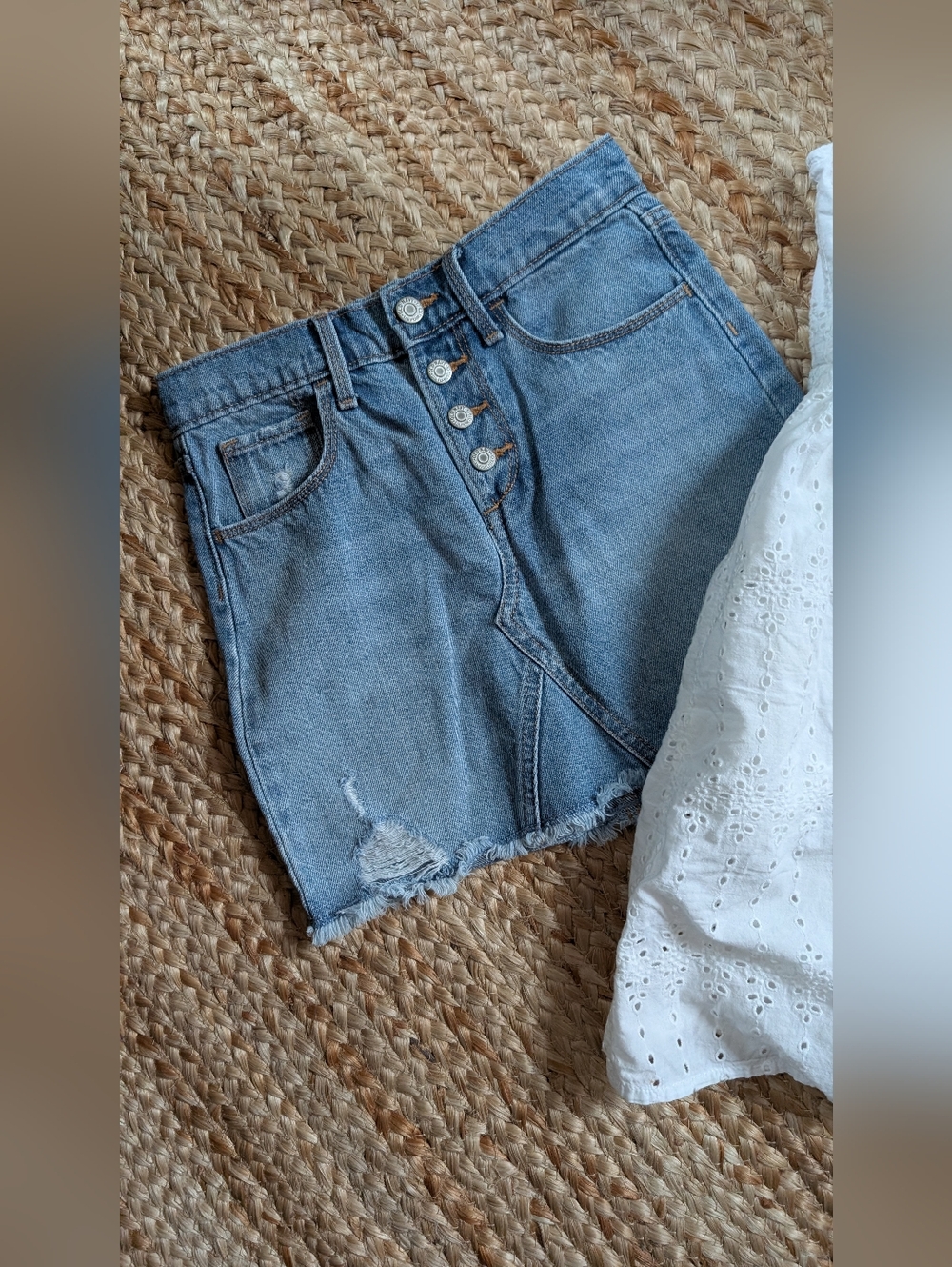 High-Rise Light Wash Denim Mini Skirt And Eyelet Dress